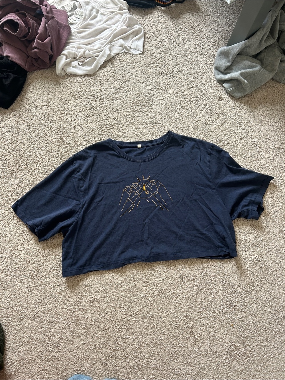 T.J.Maxx Navy Blue Cropped Tee with Gold Mountain Graphic